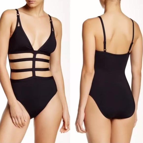 KENNETH COLE NY | Sexy Black Caged V-Neck Cut-Out One-Piece Swimsuit Size XL - Picture 1 of 9
